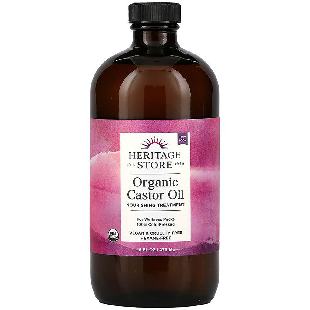 HTG011 | Amber glass bottle of Heritage Store Organic Castor Oil with pink label, 16 fl oz - Thumbnail