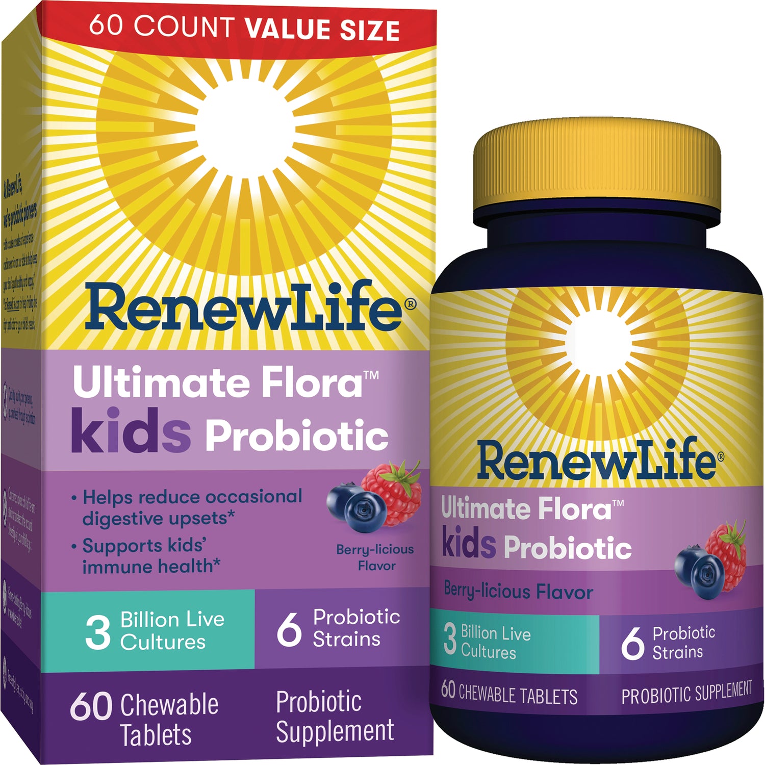 RNL205 | RenewLife Ultimate Flora kids Probiotic Berry-licious flavor 60 chewable tablets front box and bottle