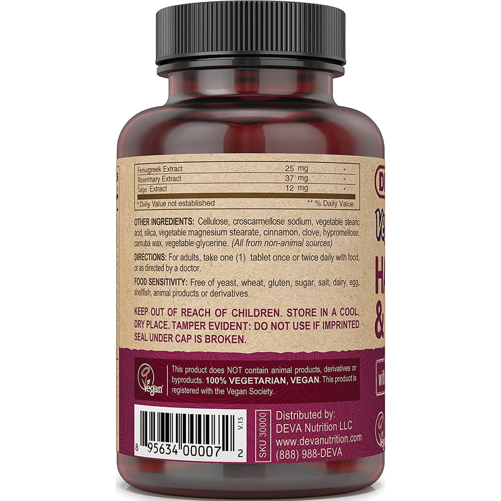 DEV022 | Back label of brown supplement bottle showing ingredients, directions, vegan statement and barcode - Thumbnail