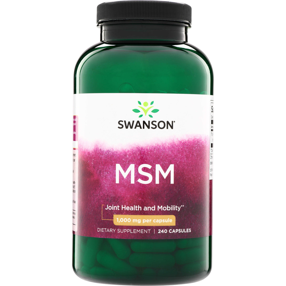 SWU656 | Swanson MSM supplement bottle front, 1,000 mg per capsule, 240 capsules, Joint Health and Mobility