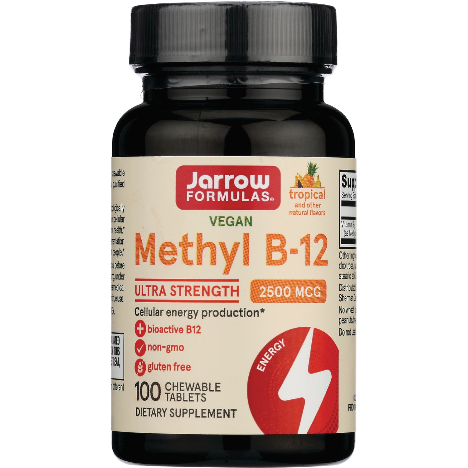 JR335 | Jarrow Formulas Vegan Methyl B-12 2500 MCG bottle, 100 chewable tablets front label