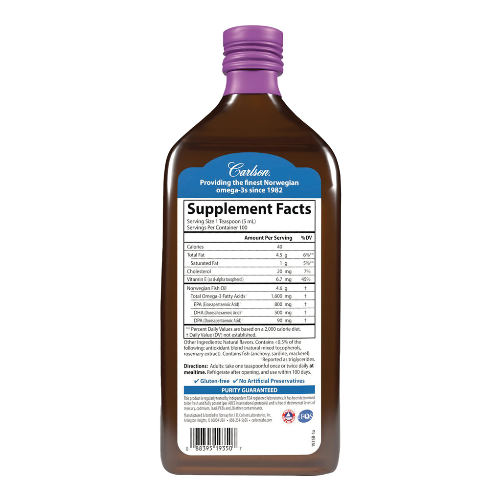 Brown glass bottle back label showing Supplement Facts panel, ingredients, serving size, and directions, purple cap - Thumbnail