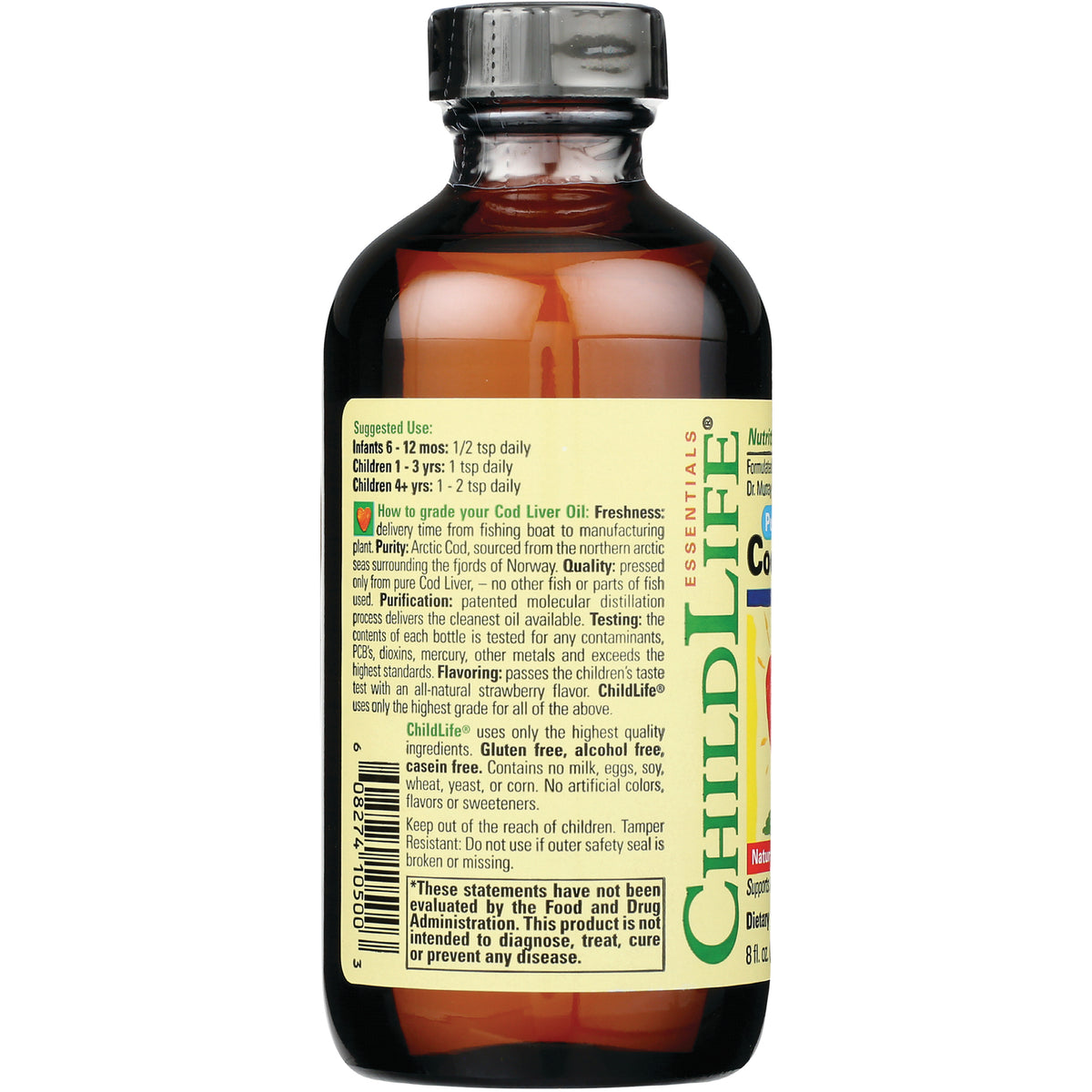 CHL003 | back label of cod liver oil bottle showing suggested use, purity, testing, and ingredient information