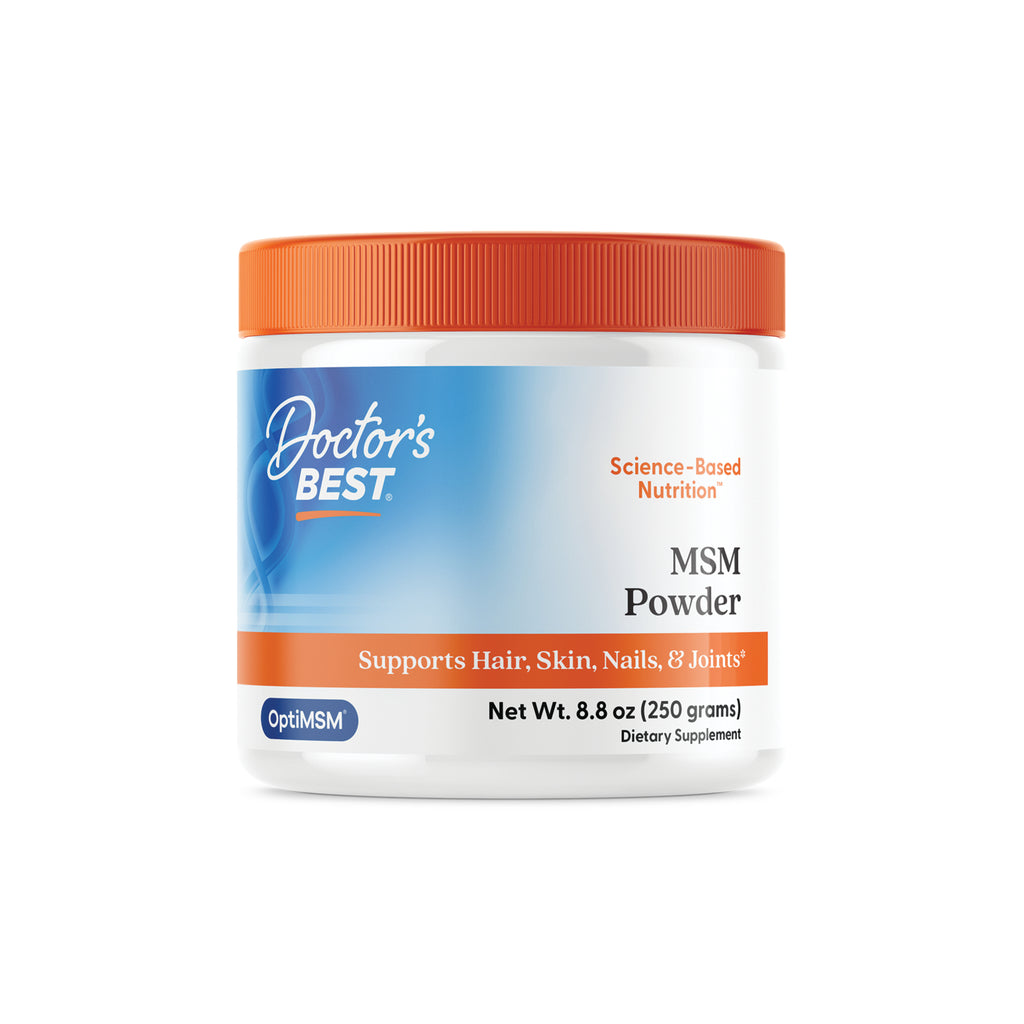 DB140 | Doctors Best MSM Powder jar with orange lid labeled MSM Powder with OptiMSM, net wt. 8.8 oz (250 grams) - Thumbnail