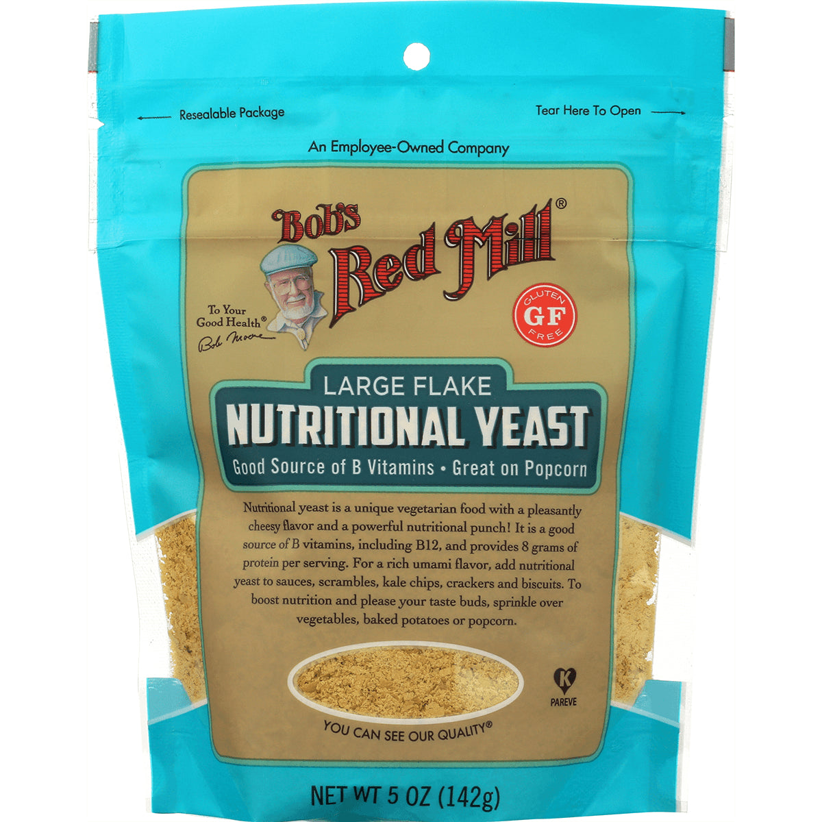BOB335 | Bob's Red Mill large flake Nutritional Yeast pouch front with label and clear window, net wt 5 oz (142g)