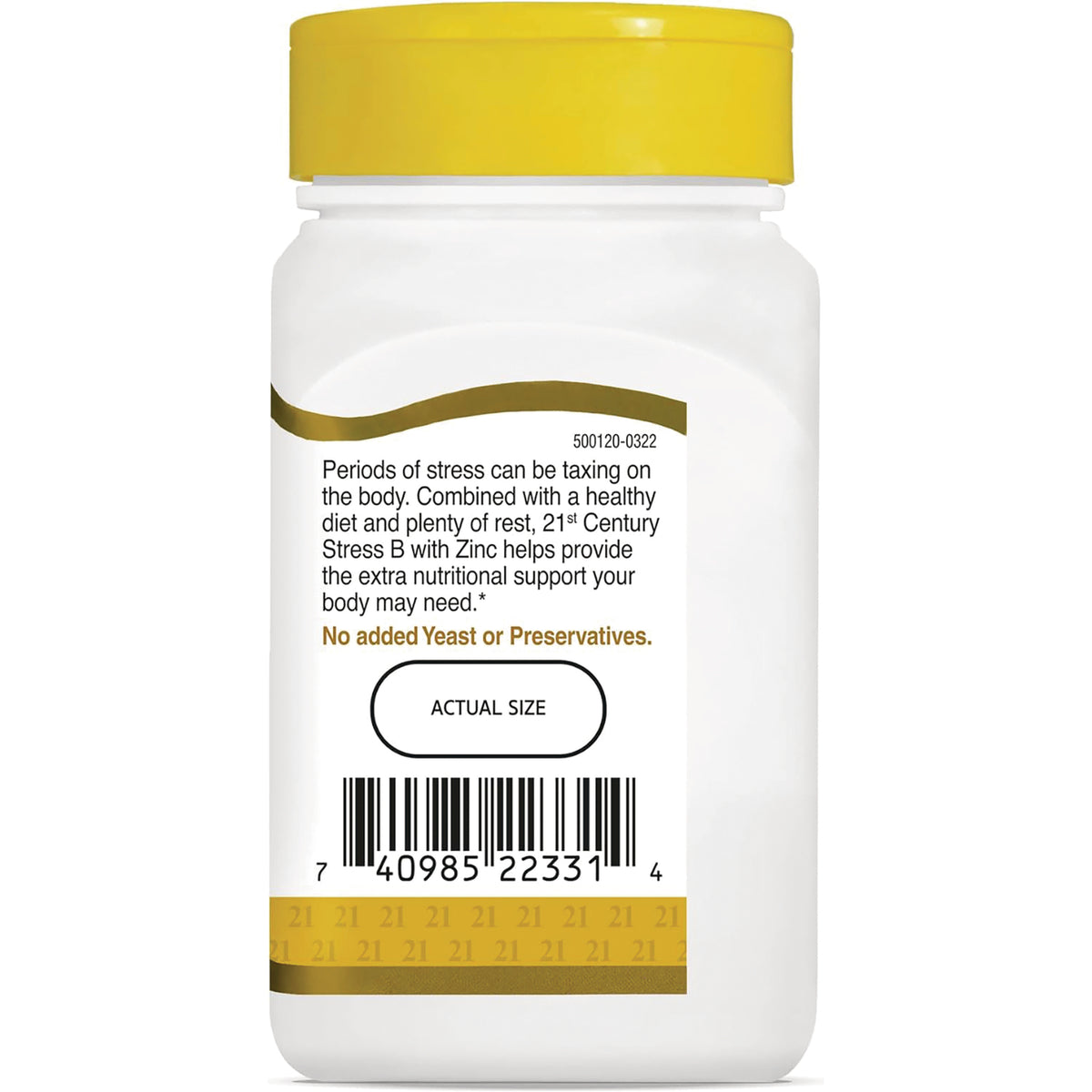 CNT158 | back label of white supplement bottle with yellow cap showing text about stress, No added Yeast or Preservatives, barcode and actual size circle