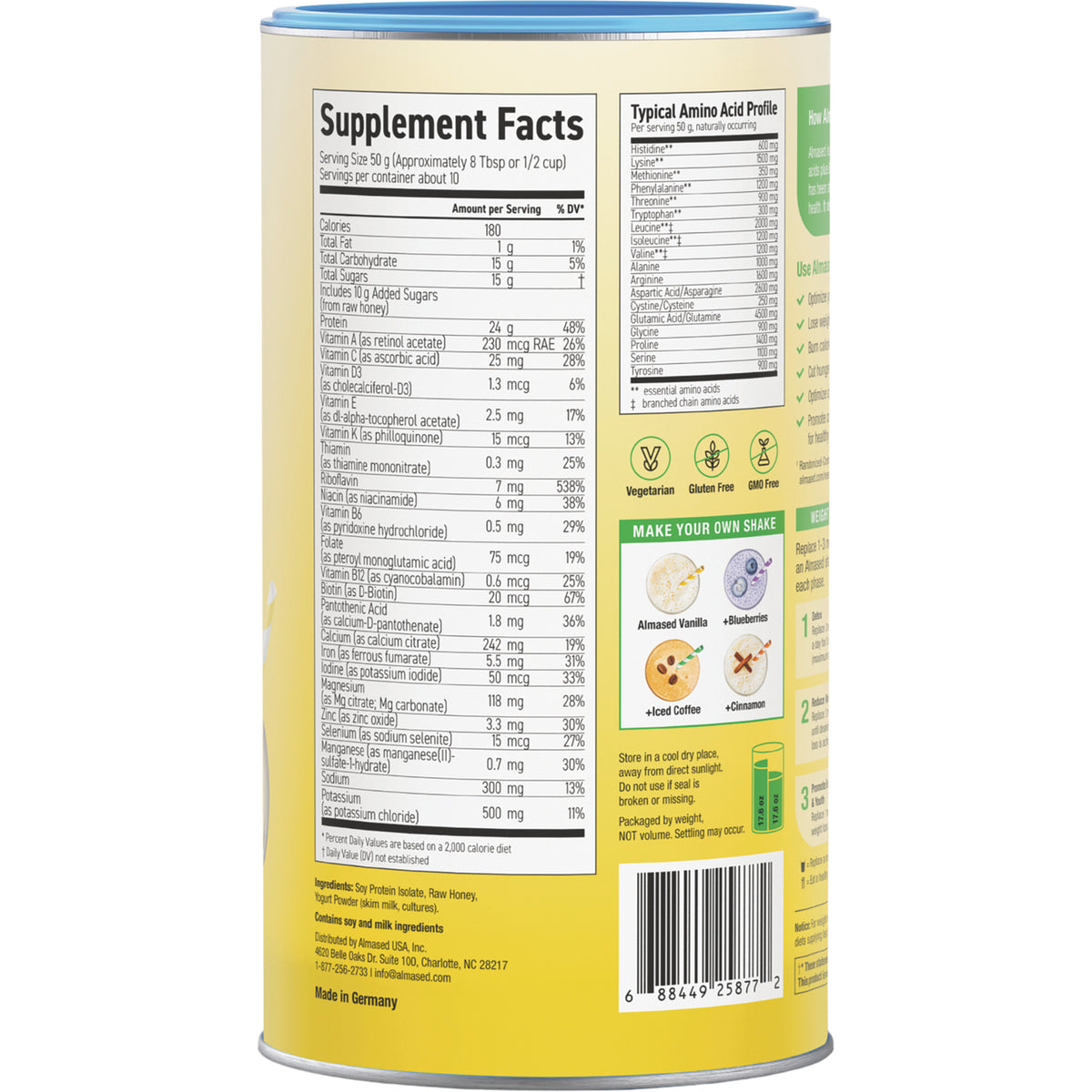 ALM006 | Back label with Supplement Facts, typical amino acid profile, ingredients, and barcode