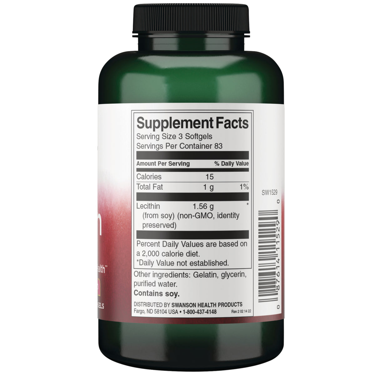 SW1529 | Back label with Supplement Facts, serving size 3 softgels, ingredients, and barcode
