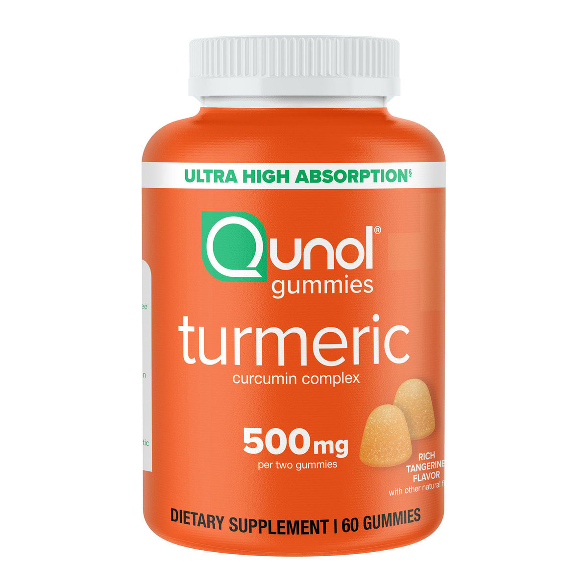 QNL014 | orange Qunol turmeric gummies bottle labeled 500 mg turmeric complex, 60-count jar with two gummies shown