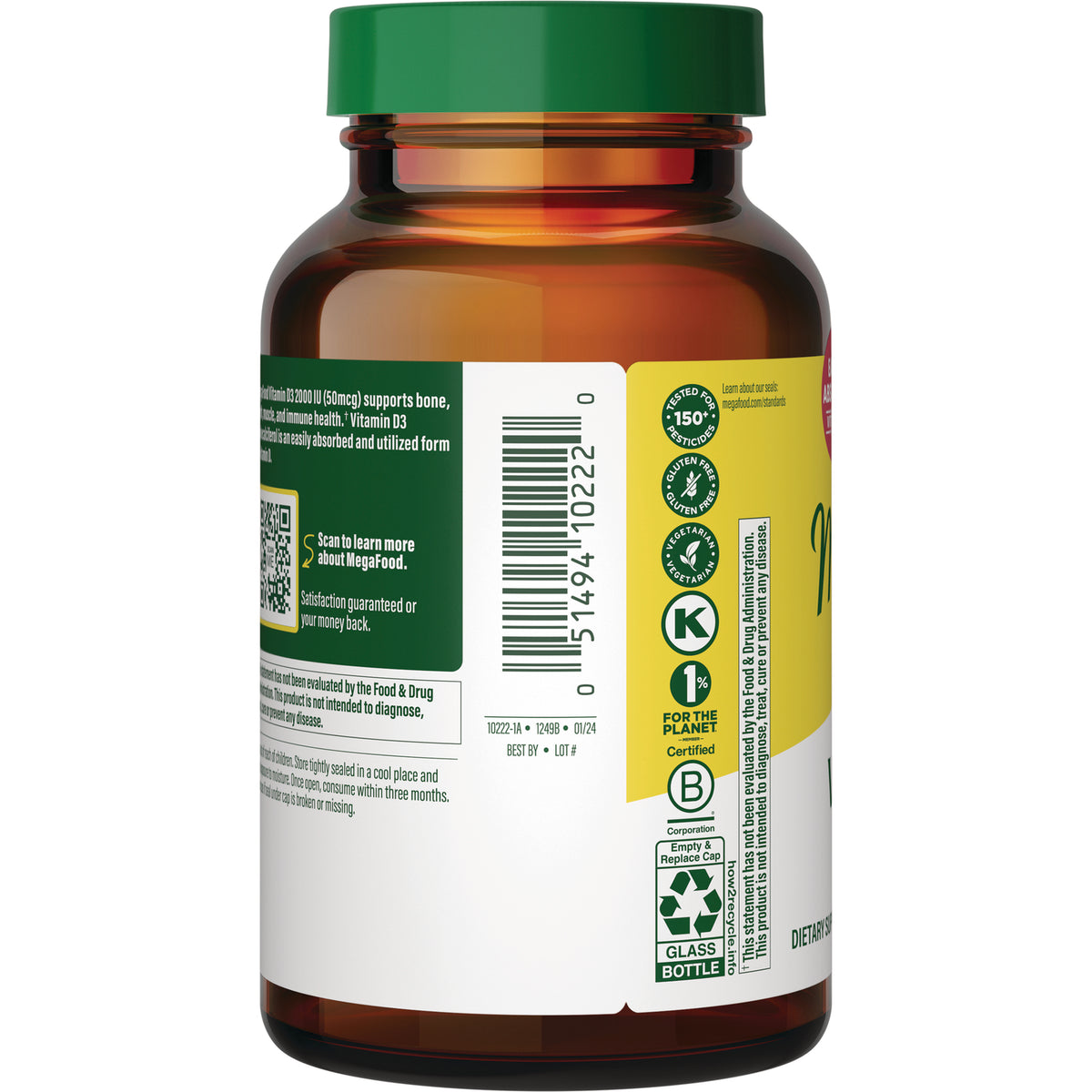 MGF013 | back of amber glass supplement bottle showing barcode, certification icons, and label text