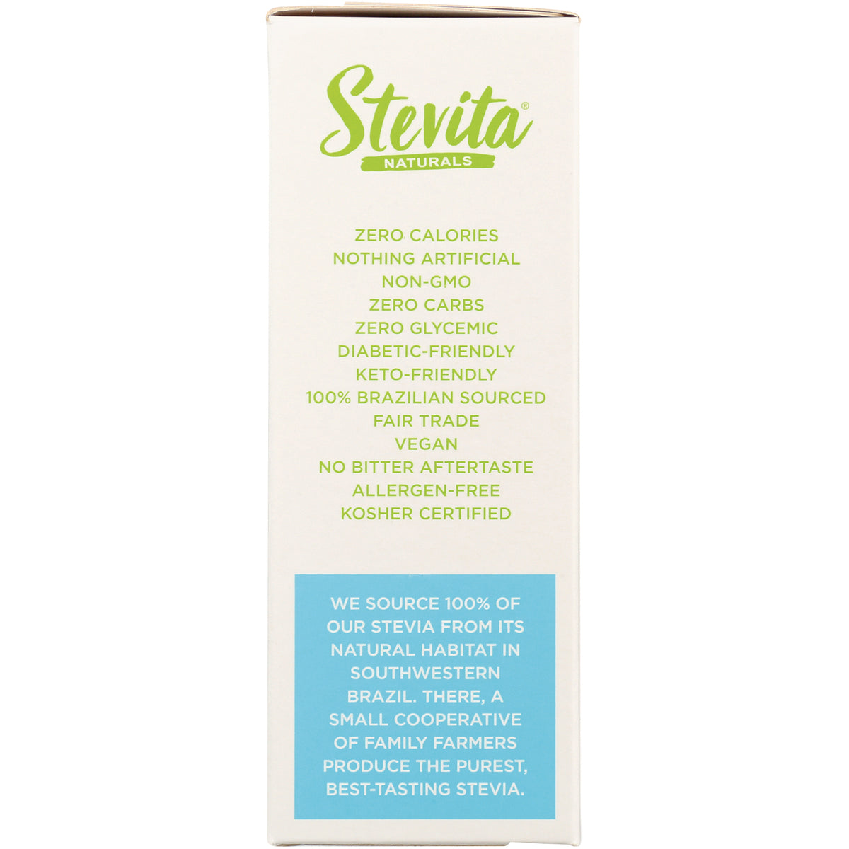 STV002 | Back panel with Stevita Naturals claims: zero calories, non-GMO, zero carbs, keto-friendly, vegan, kosher certified