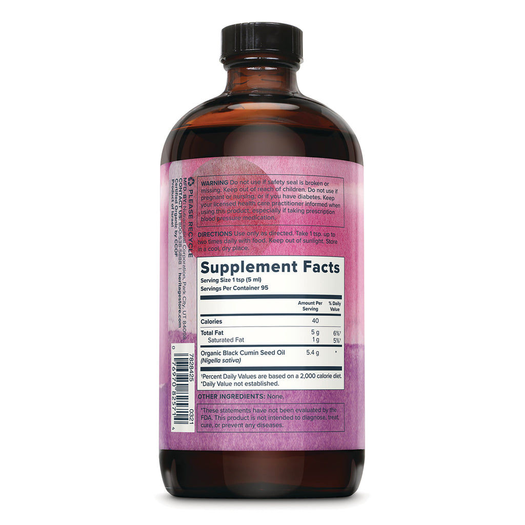 HTG108 | Back label showing Supplement Facts for organic black cumin seed oil bottle, serving size 1 tsp and ingredient info - Thumbnail