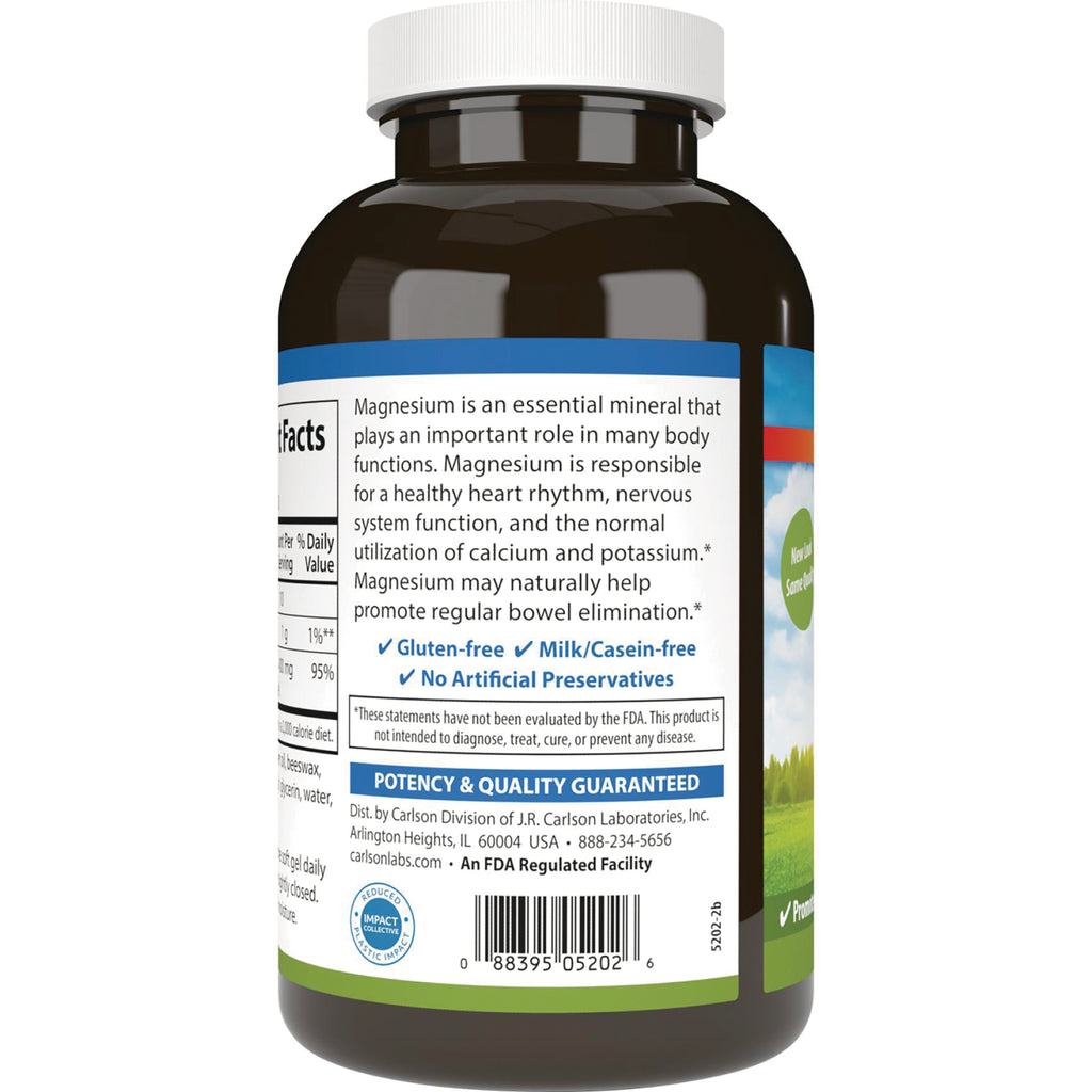 CSN053 | Back label of brown supplement bottle detailing magnesium benefits, gluten-free and no artificial preservatives, barcode - Thumbnail
