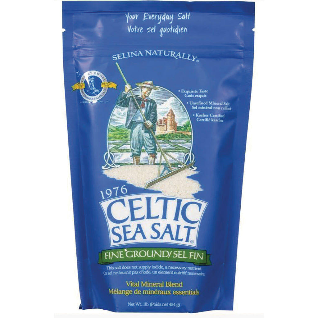 Blue pouch of CELTIC SEA SALT fine ground 1 lb front packaging with logo and salt harvester illustration - Thumbnail