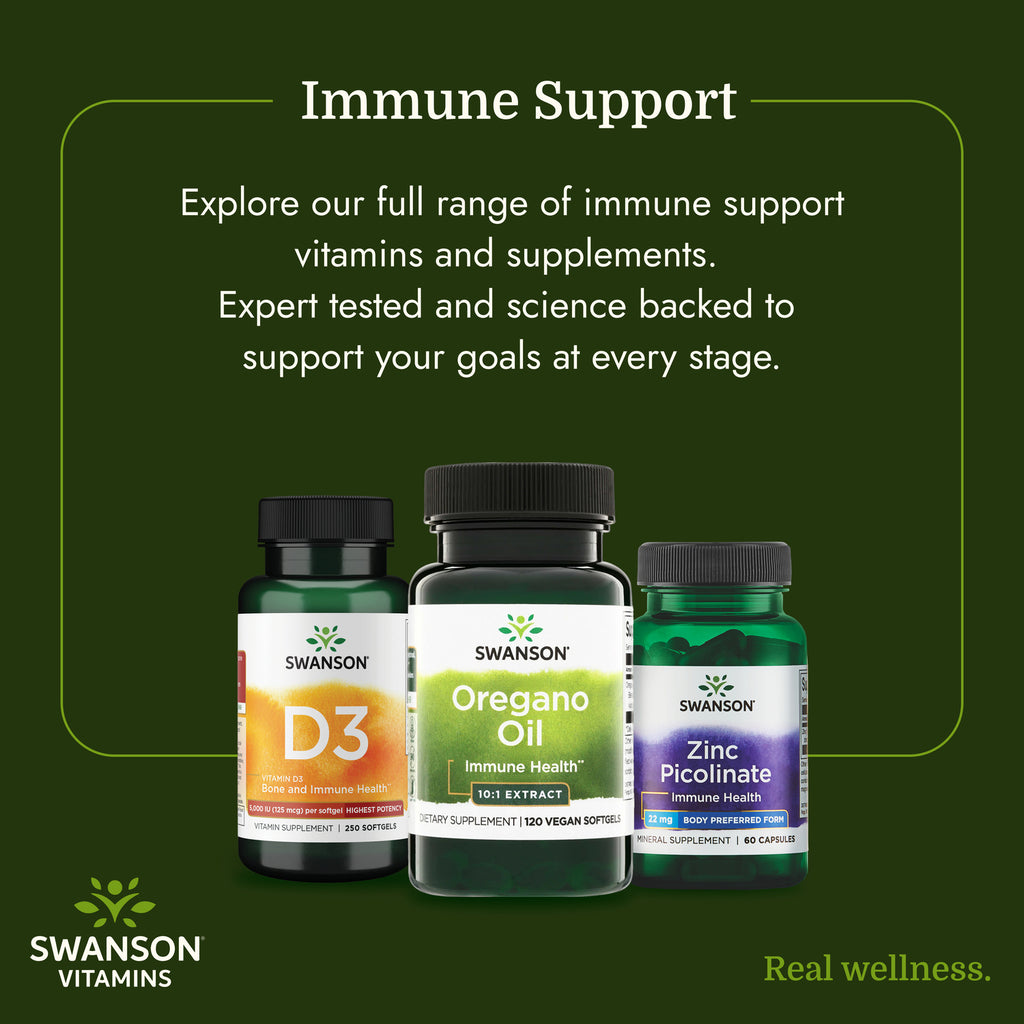 SW1016 | Swanson vitamins immune support infographic with D3, Oregano Oil, and Zinc Picolinate bottles - Thumbnail