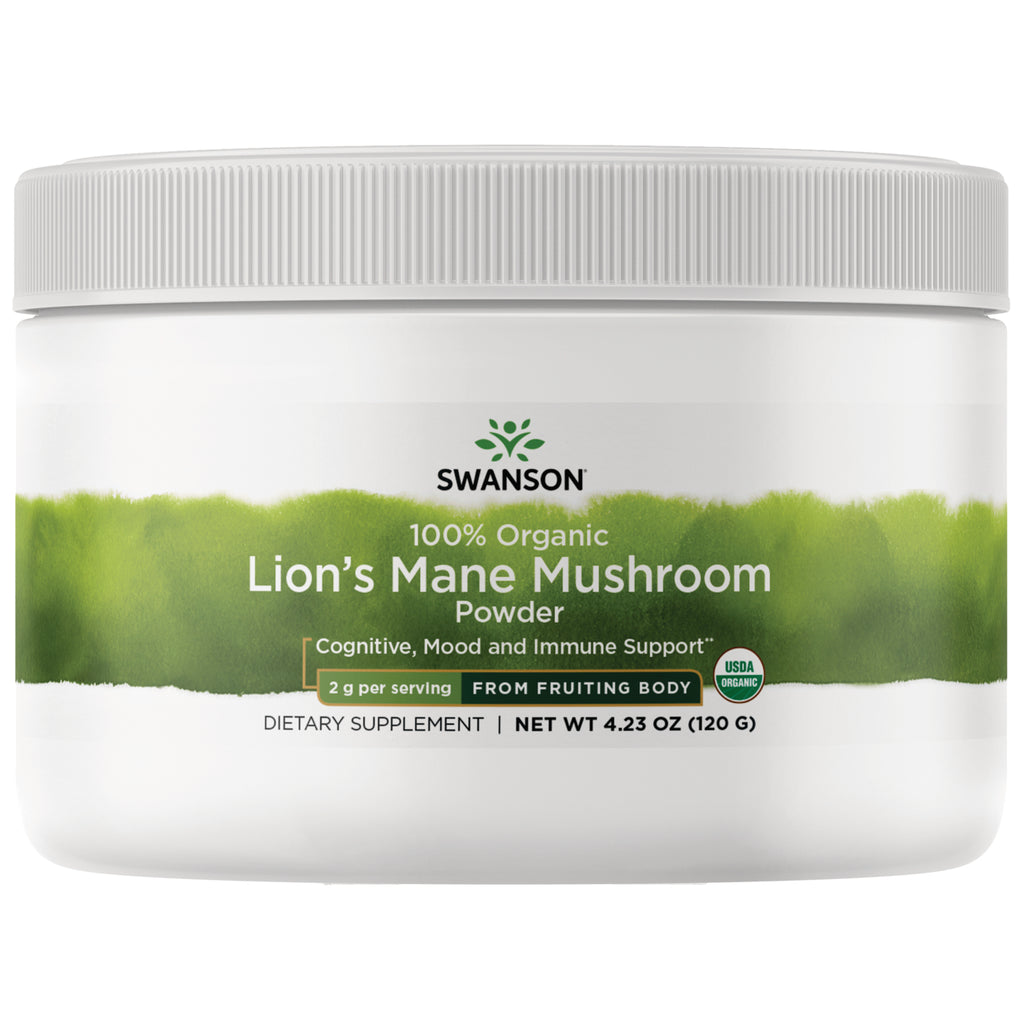 SW1975 | Swanson 100% Organic Lion's Mane Mushroom powder jar with green label, NET WT 4.23 OZ (120 g) - Thumbnail