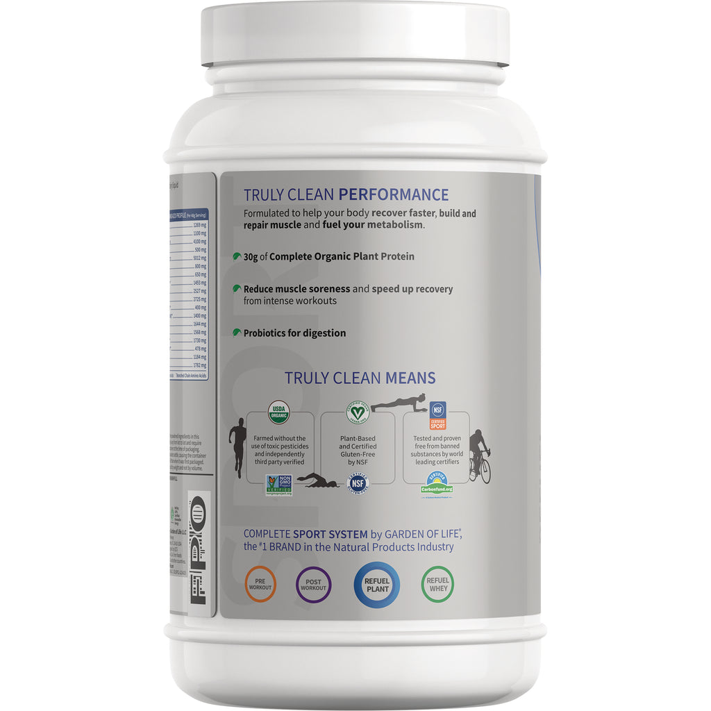 Back label of white supplement tub reading TRULY CLEAN PERFORMANCE with product claims, nutrition panel edge, and certification icons - Thumbnail