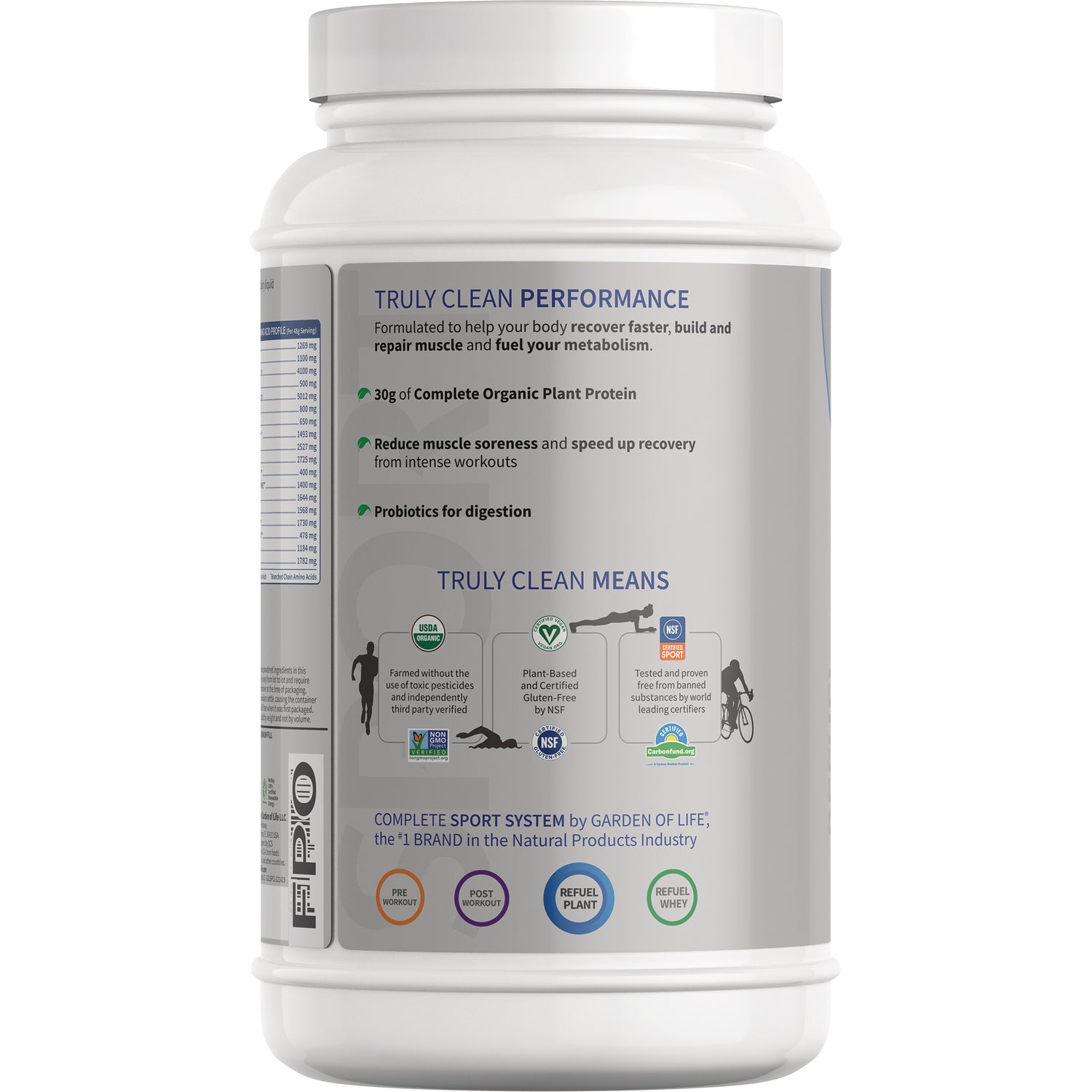 Back label of white supplement tub reading TRULY CLEAN PERFORMANCE with product claims, nutrition panel edge, and certification icons