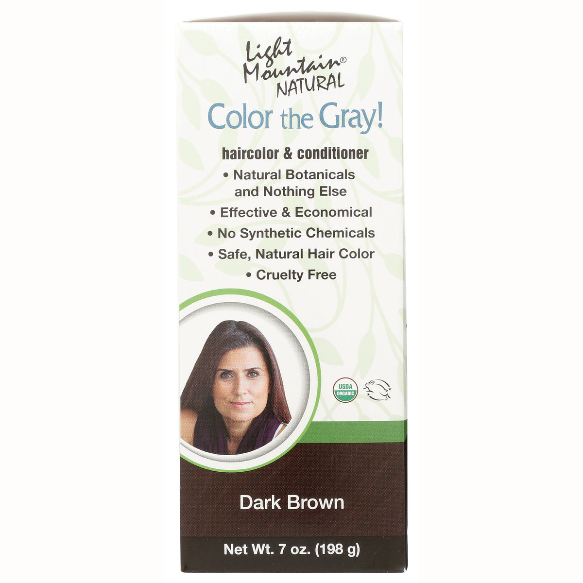 LTM006 | Light Mountain Color the Gray haircolor & conditioner box listing natural botanicals, no synthetic chemicals, Dark Brown shade