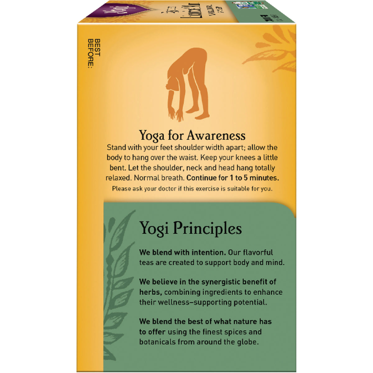 AHW008 | Yoga for Awareness and Yogi Principles text on tea box side panel