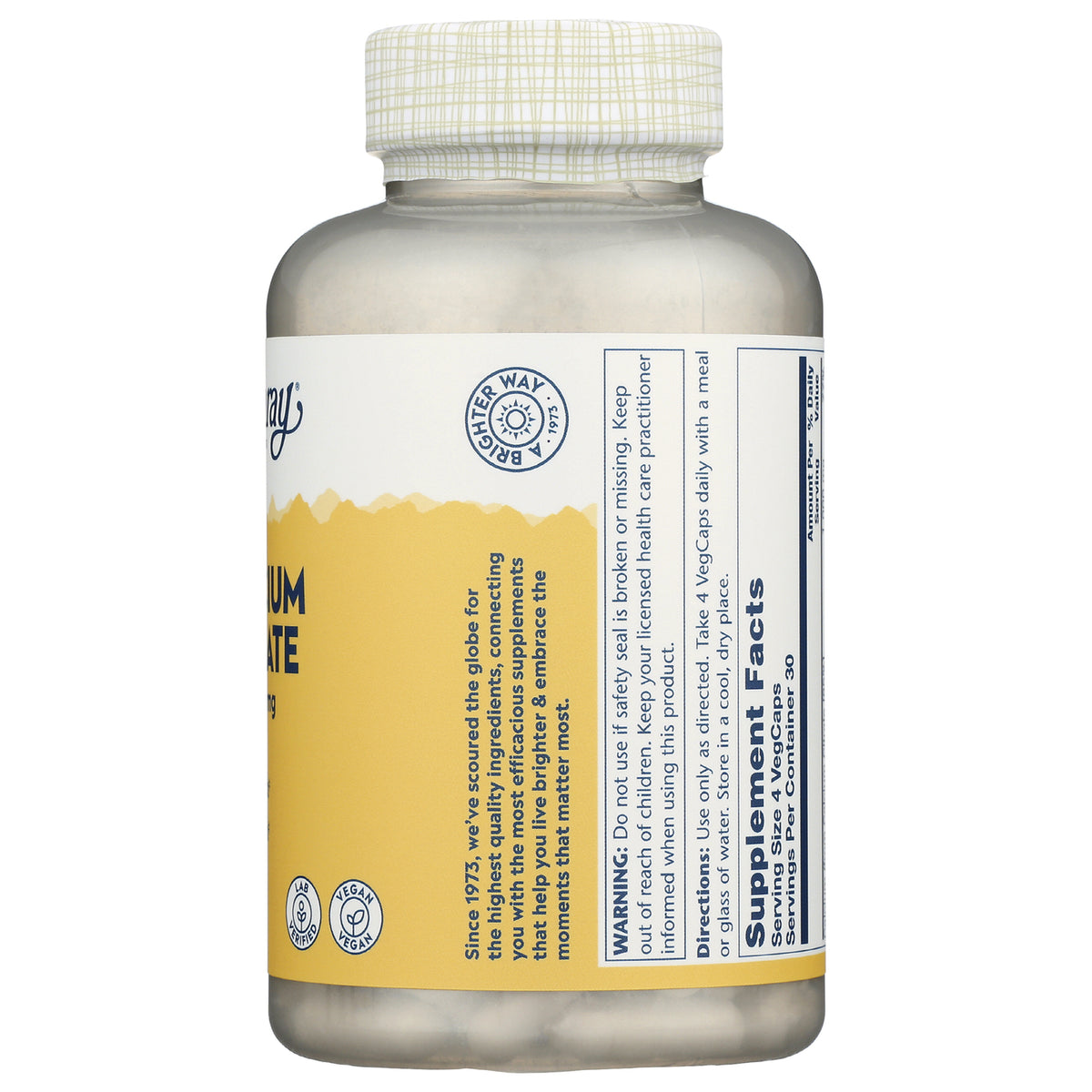 SLR334 | Back of yellow-labeled supplement bottle showing supplement facts panel and warning text