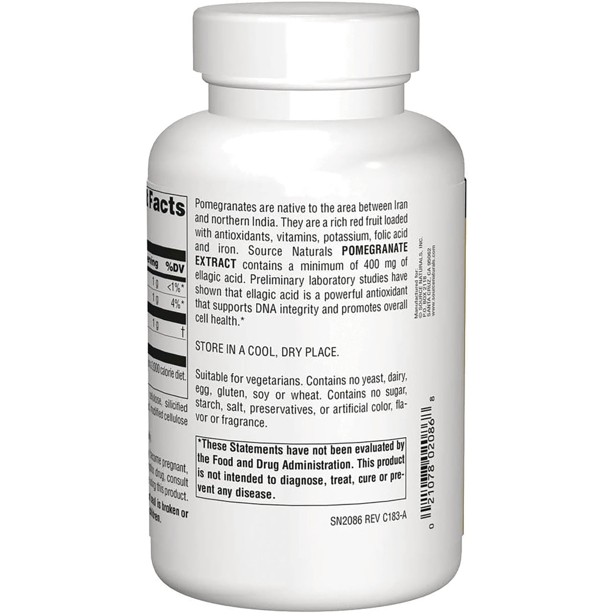 SN824 | Back label with supplement facts, pomegranate extract details, storage directions, and FDA disclaimer