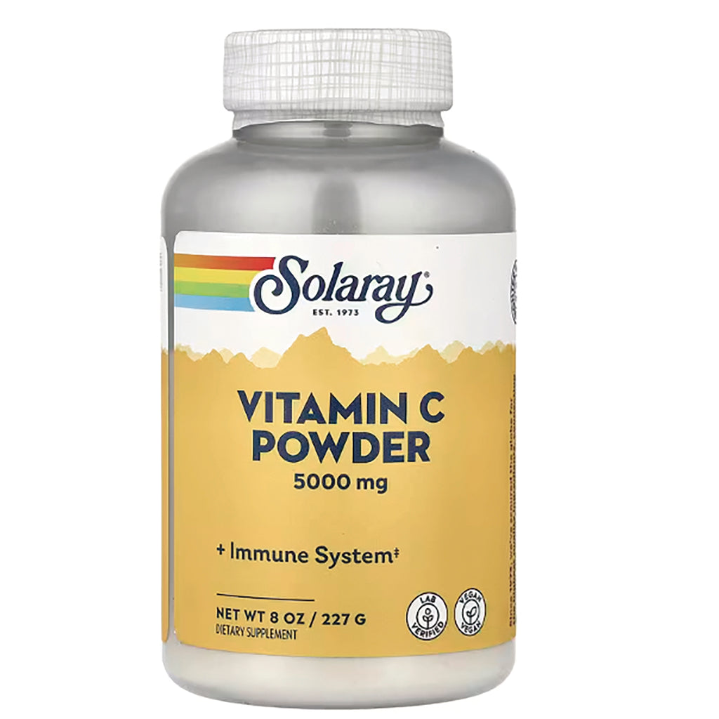 SLR422 | Solaray Vitamin C Powder 5000 mg in a yellow-labeled supplement bottle - Thumbnail