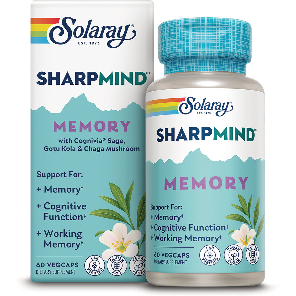 SLR526 | Solaray SharpMind Memory supplement bottle and box showing 60 vegcaps and cognitive support claims - Thumbnail
