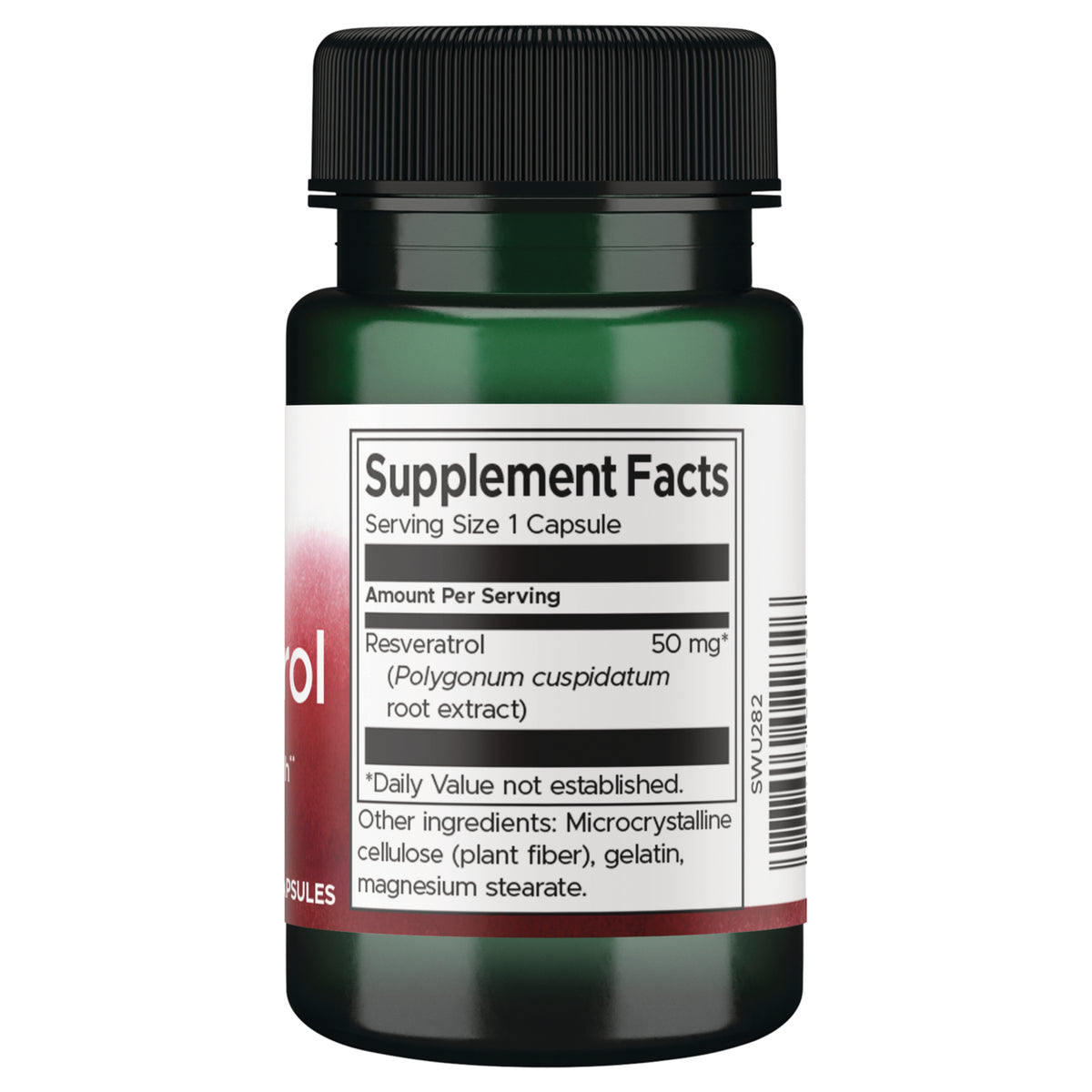 SWU282 | Supplement Facts panel showing resveratrol 50 mg per 1 capsule, other ingredients, and barcode