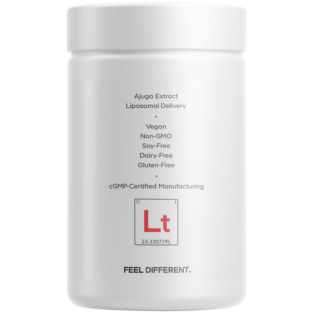 CDG008 | Back of white supplement jar listing Ajuga Extract, Essential Phospholipids, Vegan, Non-GMO, Soy-Free, Dairy-Free, Gluten-Free, cGMP Certified Manufacturing - Thumbnail
