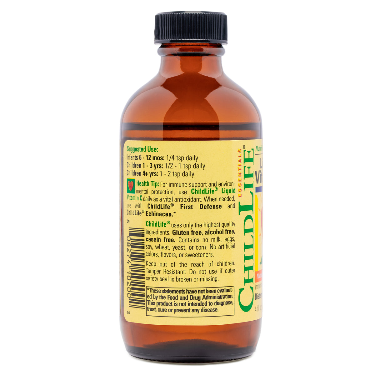 CHL004 | Back of amber supplement bottle showing Supplement Facts panel, suggested use text and barcode
