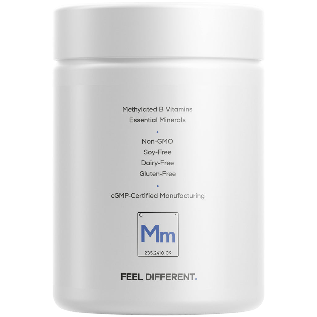 CDG042 | back label of white supplement jar listing Methylated B Vitamins, Non-GMO, soy-free, dairy-free, gluten-free, cGMP-Certified Manufacturing - Thumbnail
