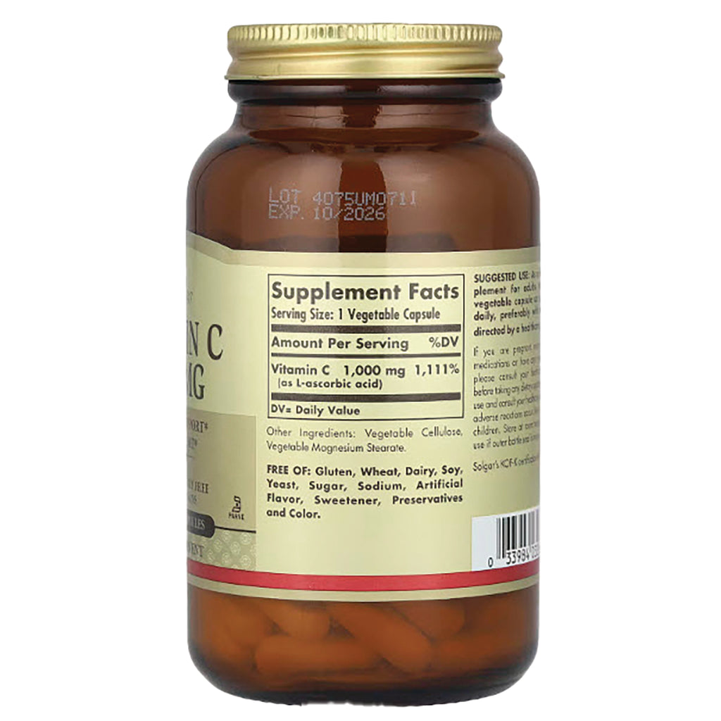 Amber bottle back showing Supplement Facts label listing Vitamin C 1,000 mg and capsules visible - Thumbnail