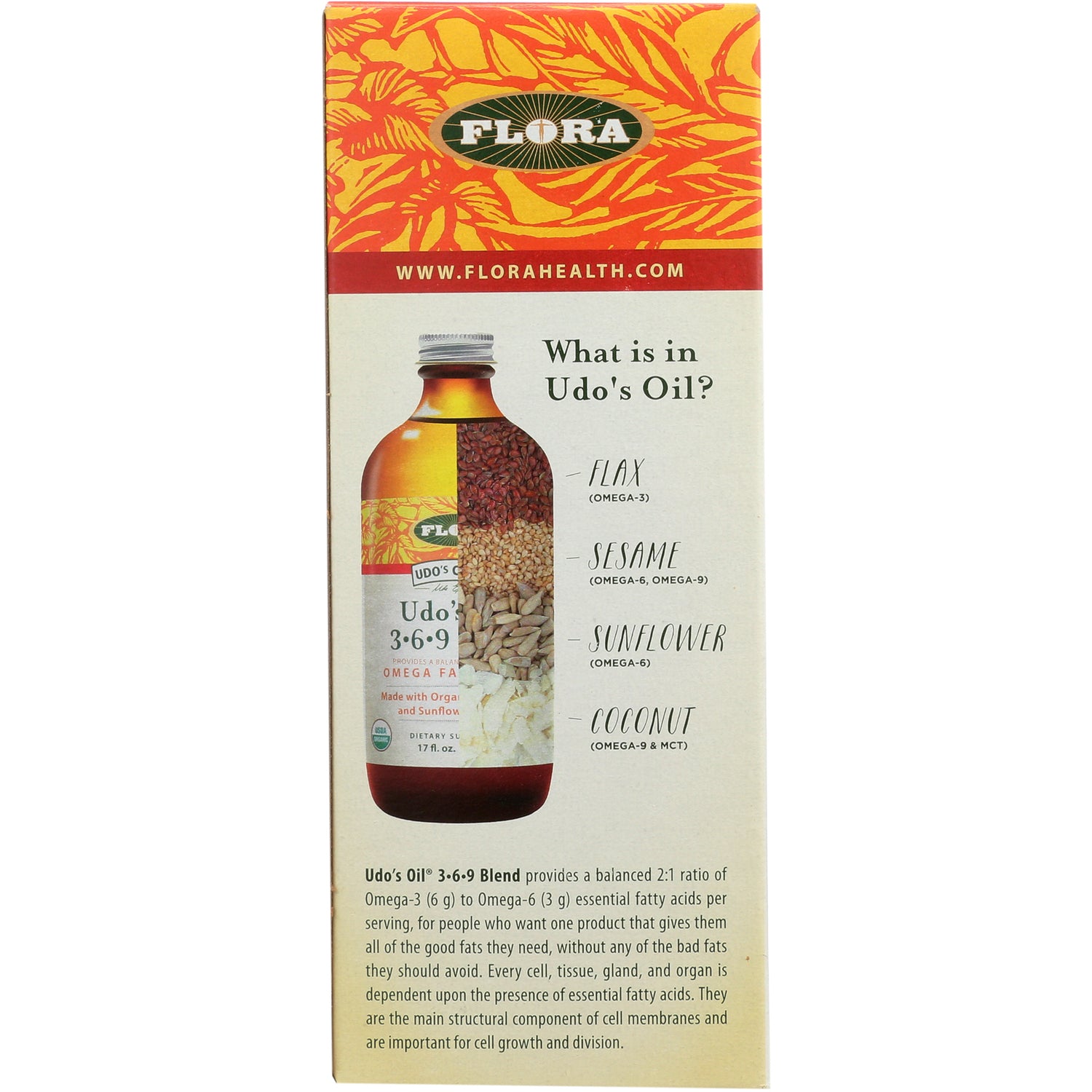 FL029 | Back of Flora Udo's Oil box labeled What is in Udo's Oil? listing flax, sesame, sunflower, coconut