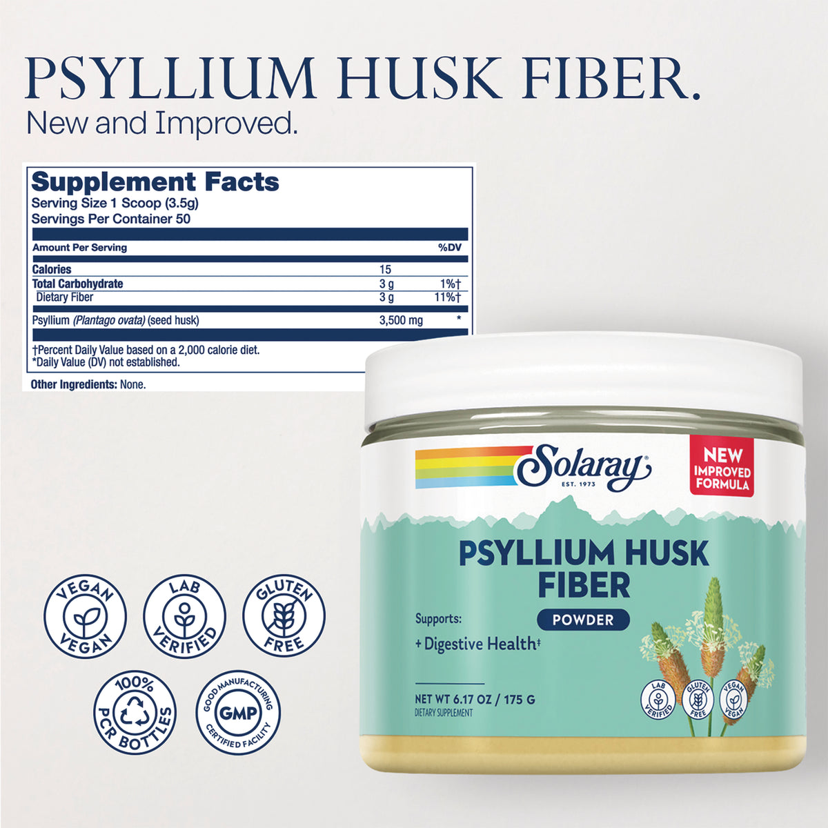 SLR529 | Psyllium Husk Fiber powder supplement facts panel, serving size 1 scoop (3.5 g), 50 servings
