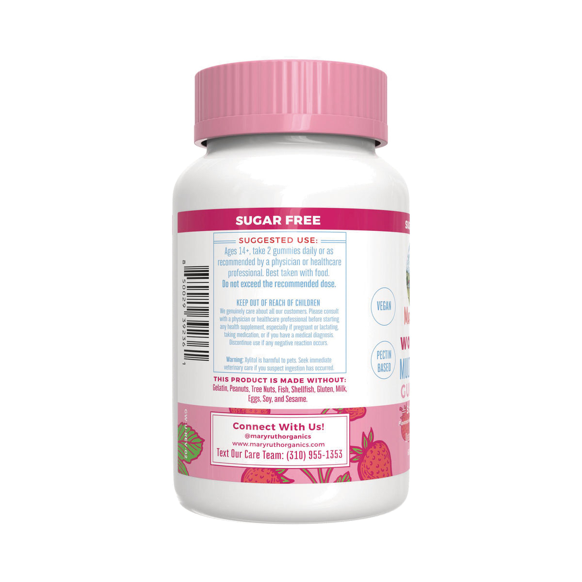 MRR040 | Back of white supplement bottle showing SUGAR FREE banner, suggested use panel and contact info