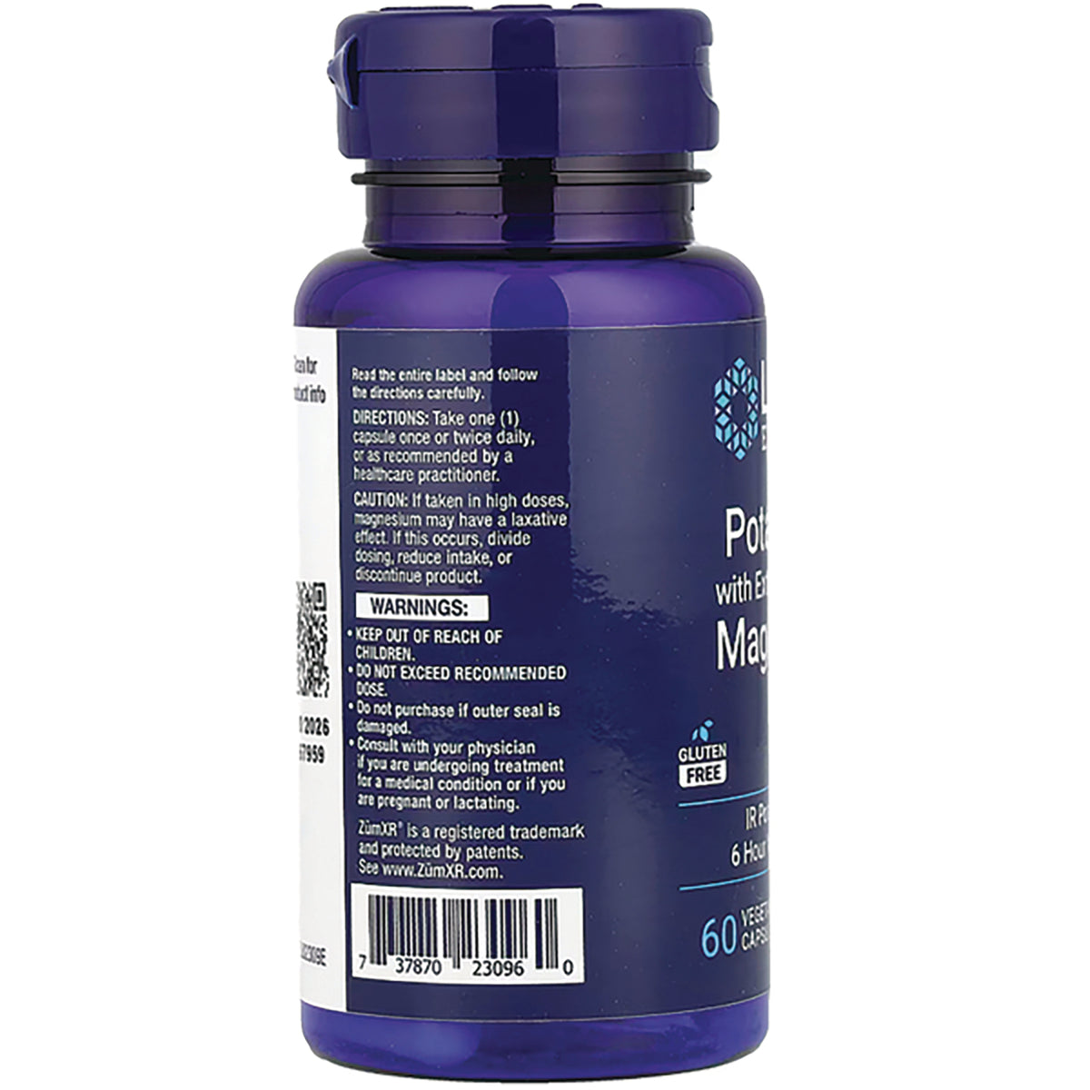 LE463 | Back of blue supplement bottle showing directions, warnings, ingredient panel and barcode
