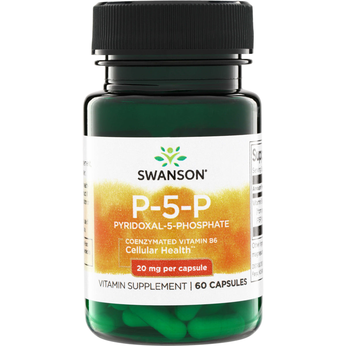 SW1709 | Swanson P-5-P (Pyridoxal-5-Phosphate) 20 mg per capsule, coenzymated vitamin B6 supplement, 60 capsules