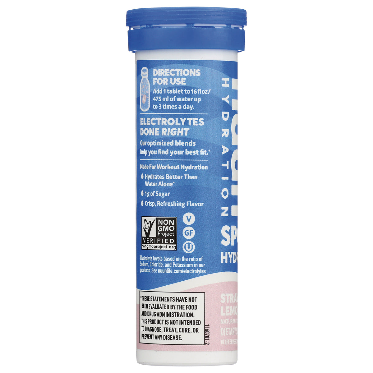 NUN019 | back label of blue effervescent tube showing directions, Electrolytes Done Right claim and Non GMO verified badge