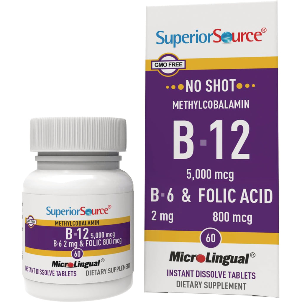 SUS009 | Superior Source MicroLingual B-12 5,000 mcg with B-6 2 mg and folic acid 800 mcg, bottle and box - Thumbnail