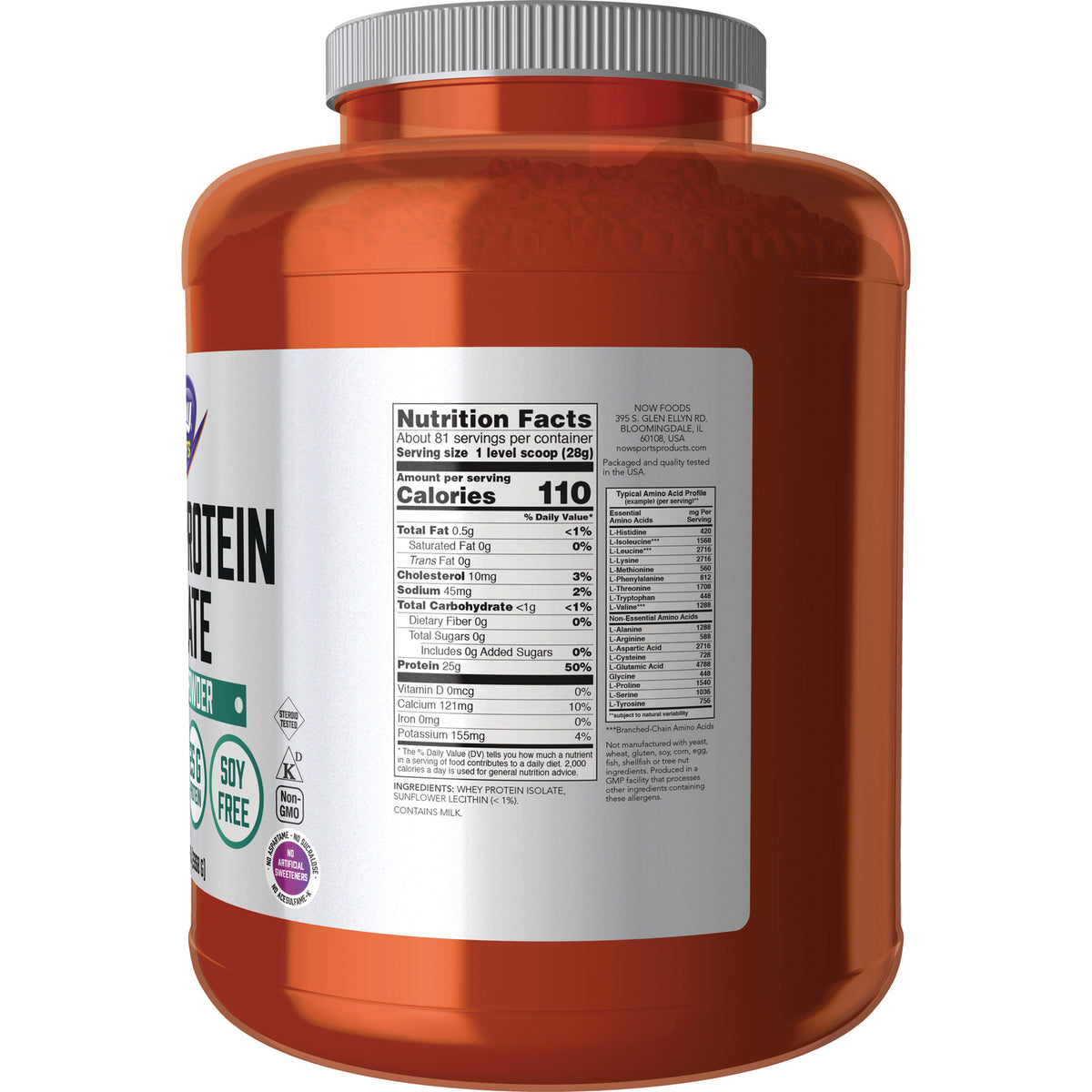 NWF277 | Back of orange protein powder container showing nutrition facts and ingredient panel