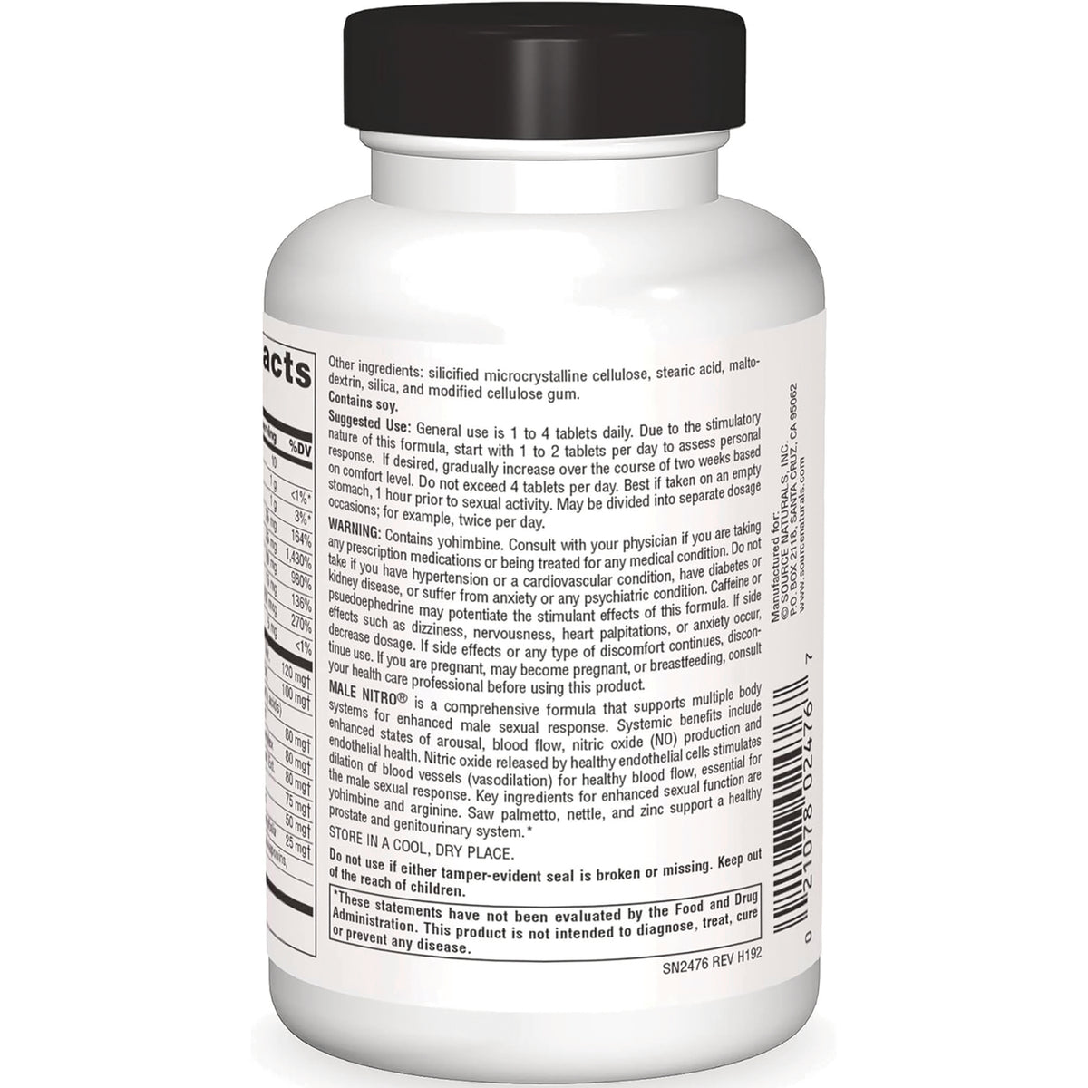 SN777 | Back label with Supplement Facts, ingredients, suggested use, and warnings