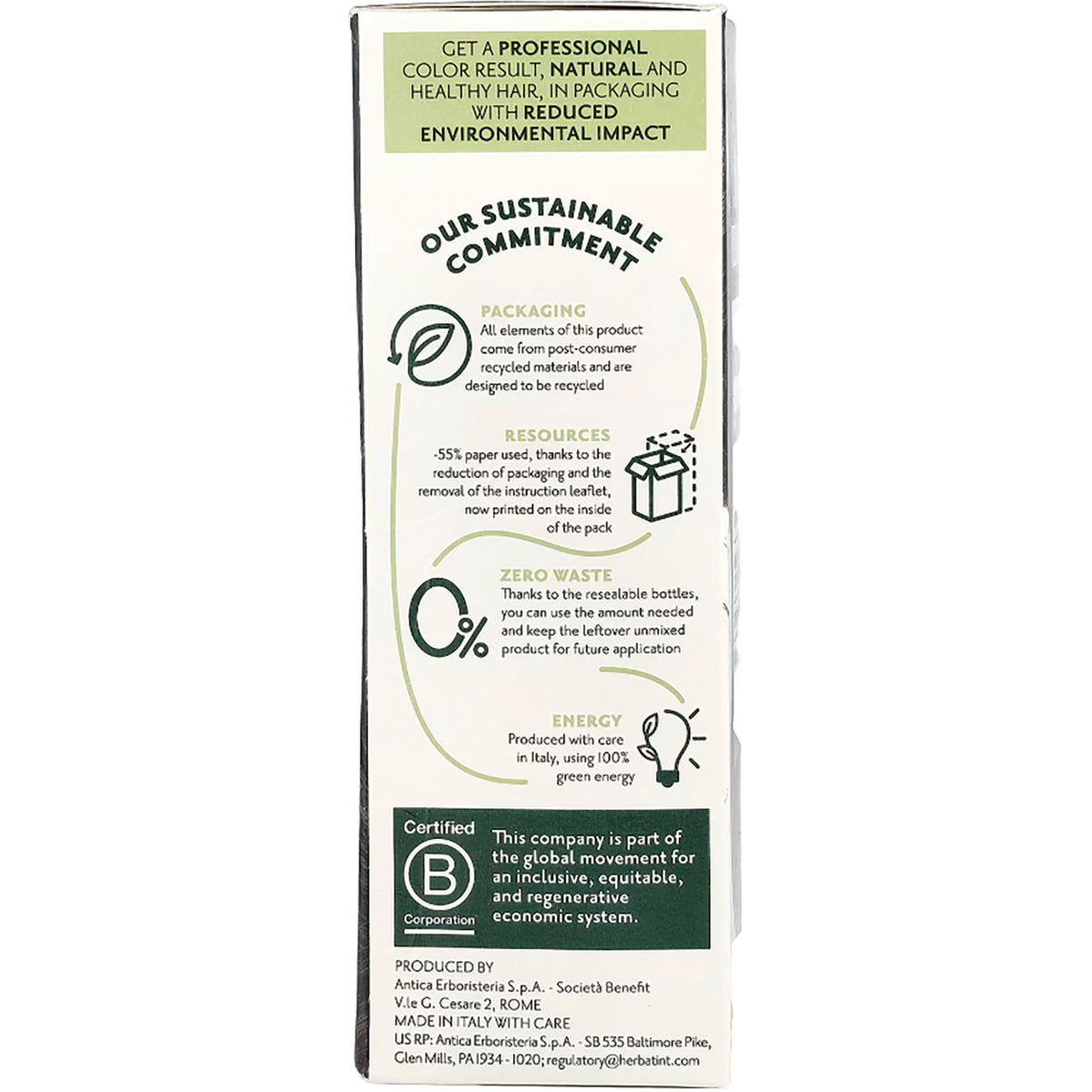 HBT002 | Back of product box showing OUR SUSTAINABLE COMMITMENT panel, sustainability icons, and B Corporation certification