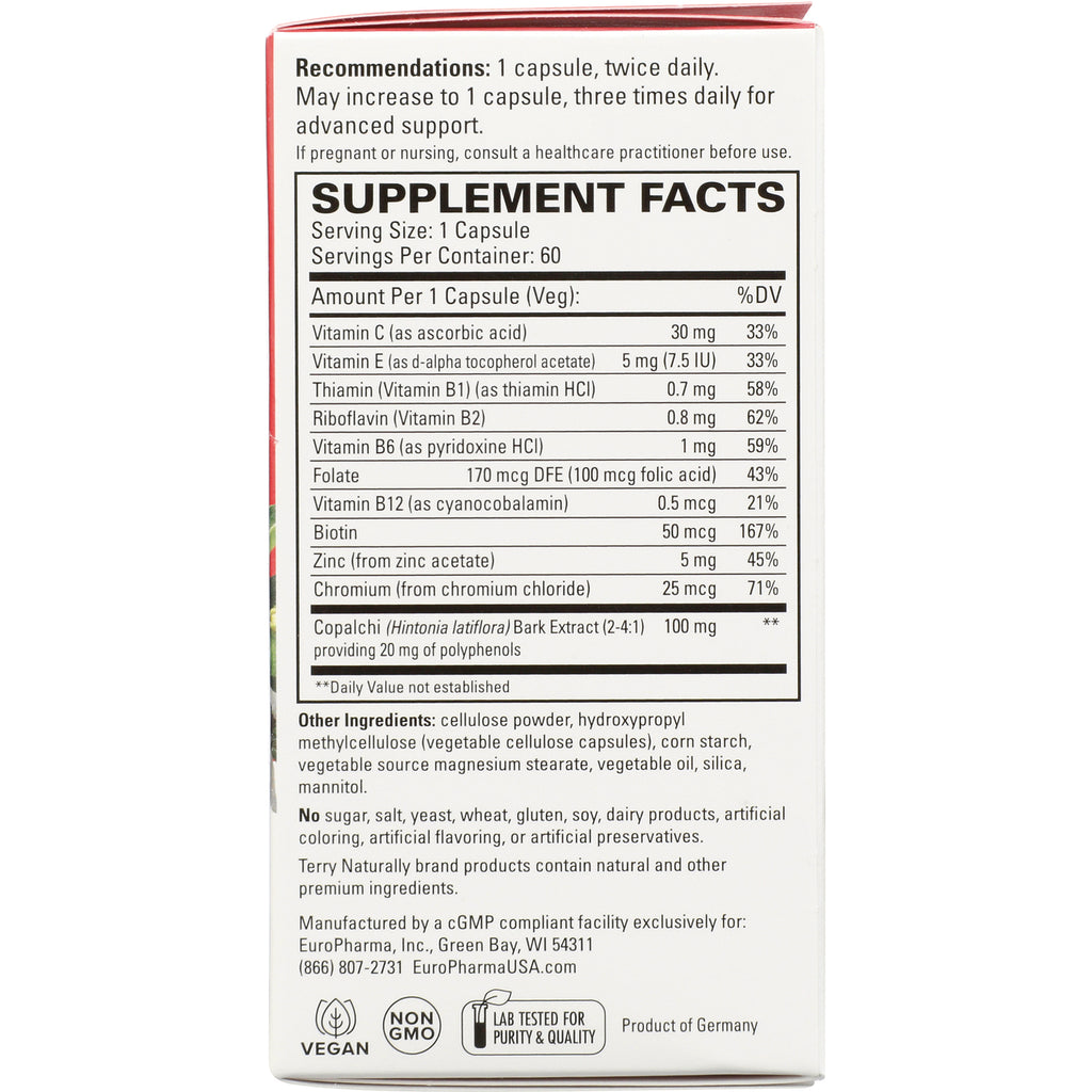 EUR049 | back panel with SUPPLEMENT FACTS table listing vitamins, Copalchi extract, other ingredients and vegan non-GMO icons - Thumbnail