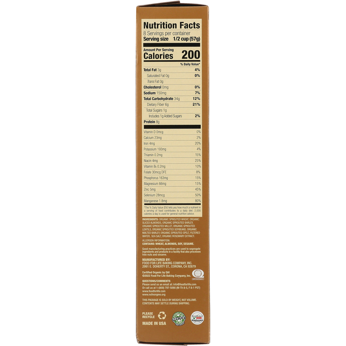 FFL001 | Back panel showing Nutrition Facts, ingredients, and manufacturer information on a cereal box