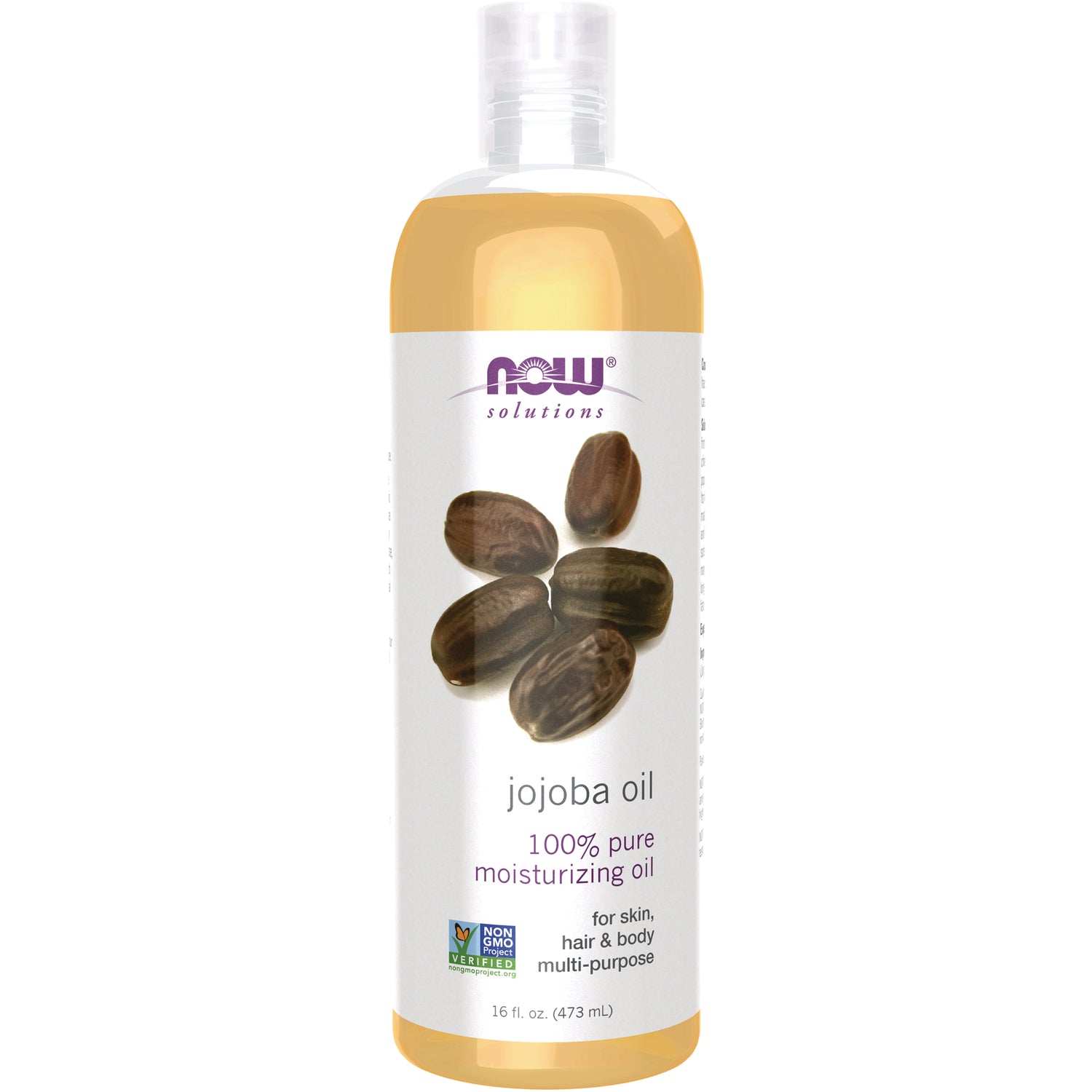 NWF1081 | Now Solutions jojoba oil bottle labeled 100% pure moisturizing oil, 16 fl oz