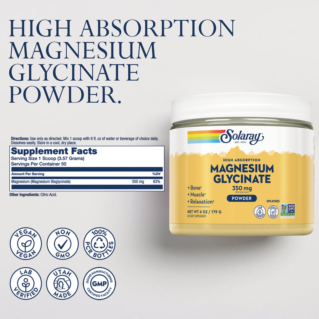 SLR530 | High Absorption Magnesium Glycinate Powder with Supplement Facts panel and vegan, non-GMO icons - Thumbnail
