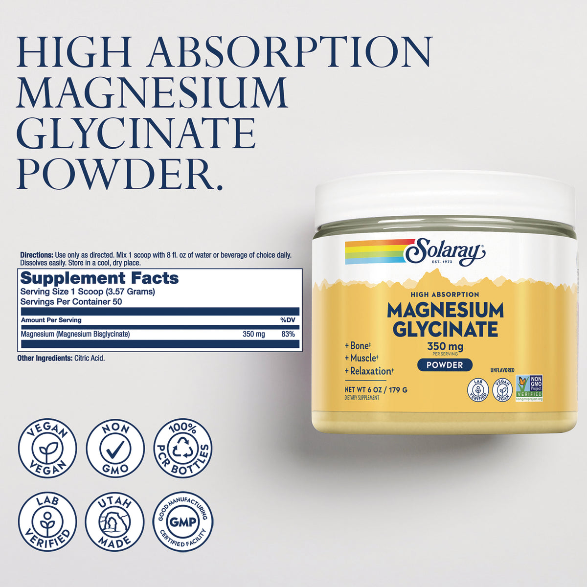 SLR530 | High Absorption Magnesium Glycinate Powder with Supplement Facts panel and vegan, non-GMO icons