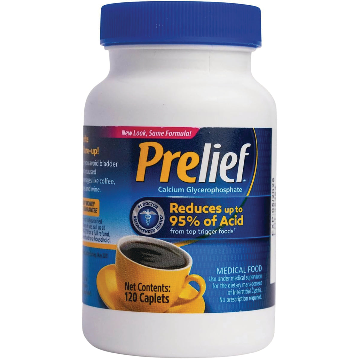 APH007 | Prelief bottle with blue cap, label reading Reduces up to 95% of Acid and Net Contents: 120 Caplets