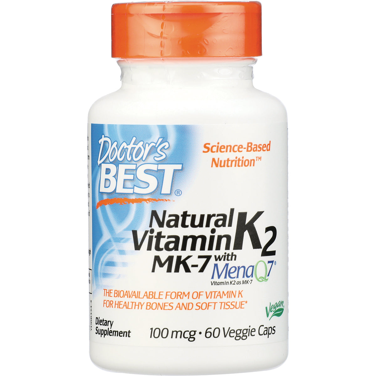DB243 | Doctor's Best Natural Vitamin K2 MK-7 bottle, 100 mcg, 60 veggie caps, white bottle with orange cap